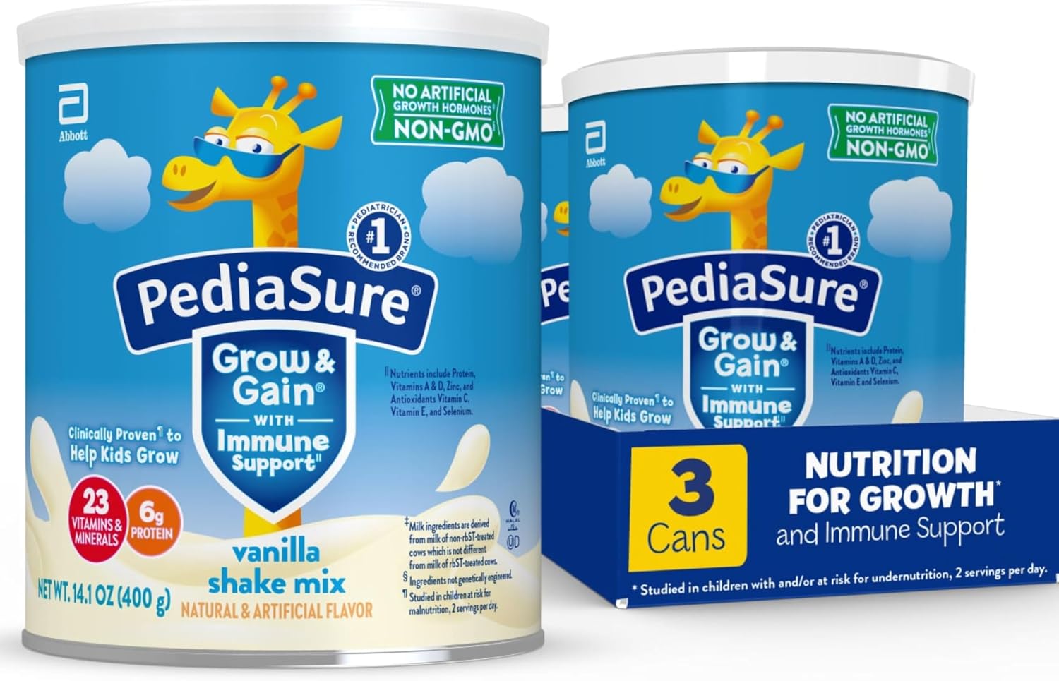 PediaSure Grow & Gain Shake Mix, 6g Protein, Vanilla, 14.1 oz Can, 3pk | 24 Servings, Great-Tasting Nutritional Shake Mix with Immune Support for Kids, 23 Vitamins & Minerals, Non-GMO & Gluten-Free