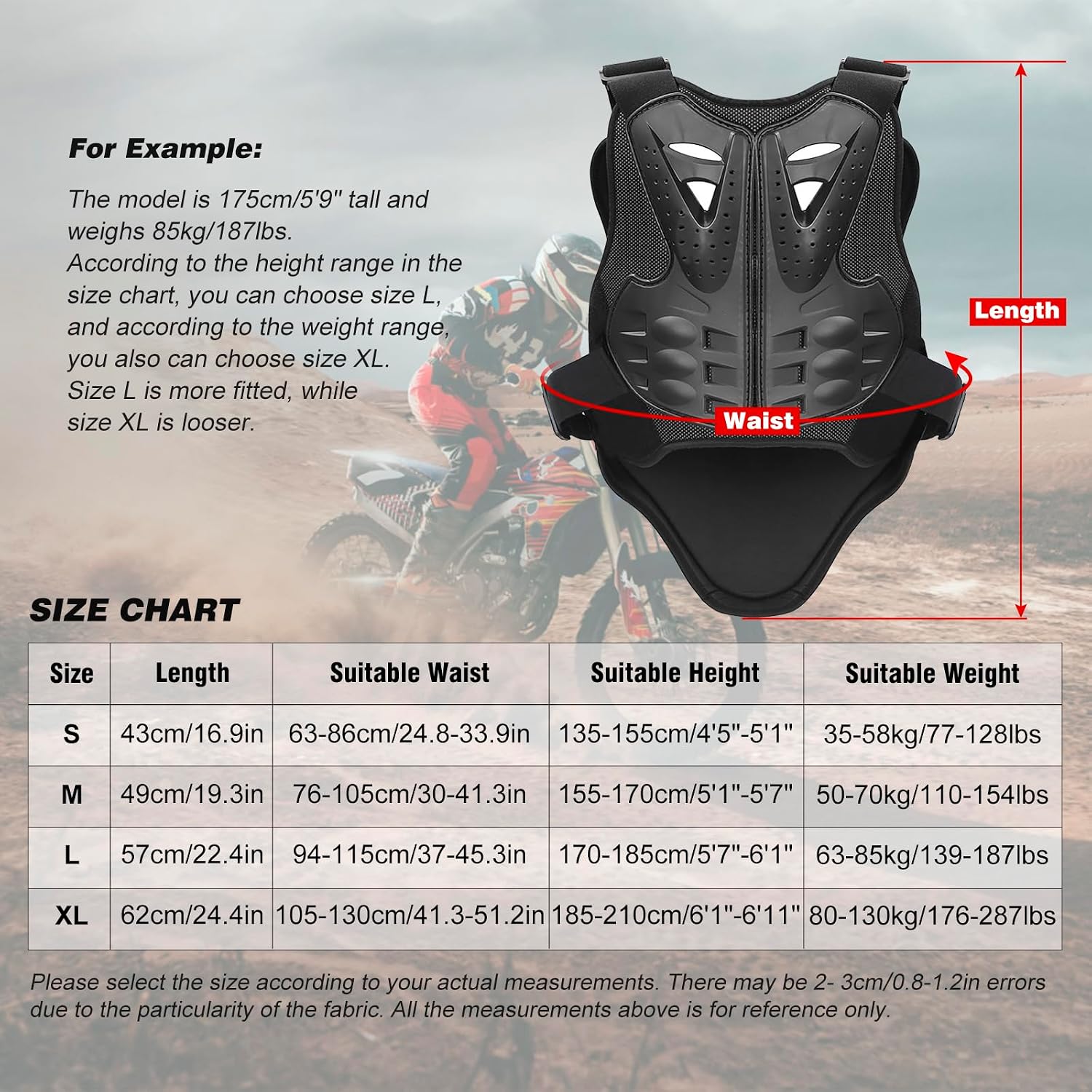 PELLOR Motorcycle Armor Vest Chest Back, Motocross Body Guard Vest Skiing Riding Skating Anti-Fall Vest Protective Gear