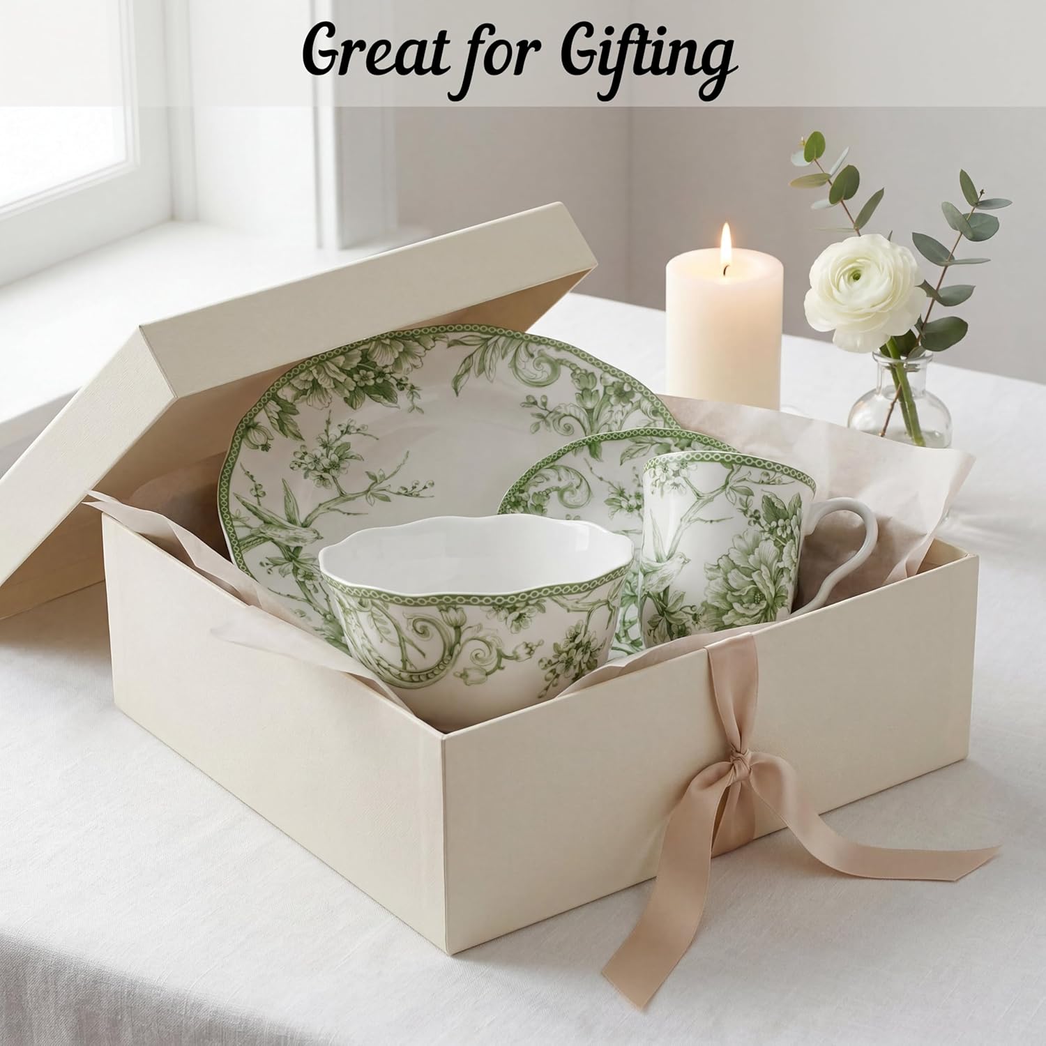 222 Fifth Adelaide 16-Piece Black Porcelain Dinnerware Set – Service for 4, Featuring Hand-Applied Romantic Woodland Bird Design