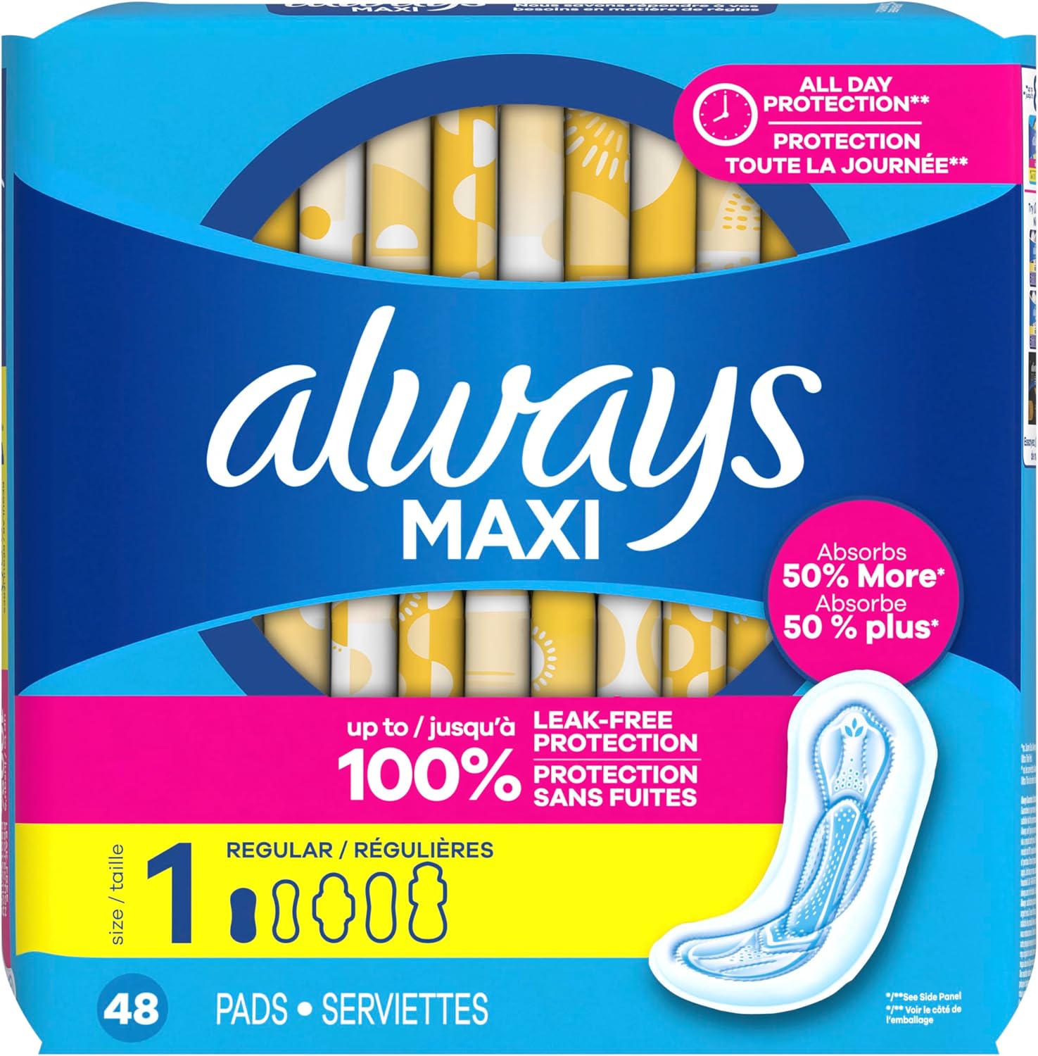 Always Maxi Feminine Pads Without Wings for Women, Size 1, Regular Absorbency, Unscented 48 Count