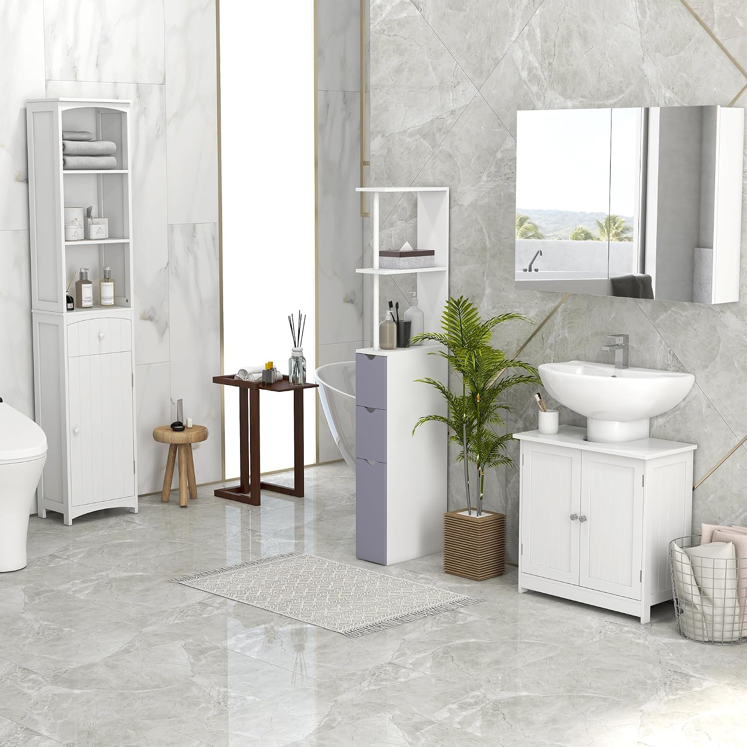 HOMCOM Bathroom Storage Cabinet Free Standing Bathroom Storage Unit White | Tall Linen Tower, 3-Tier Shelves, Drawer