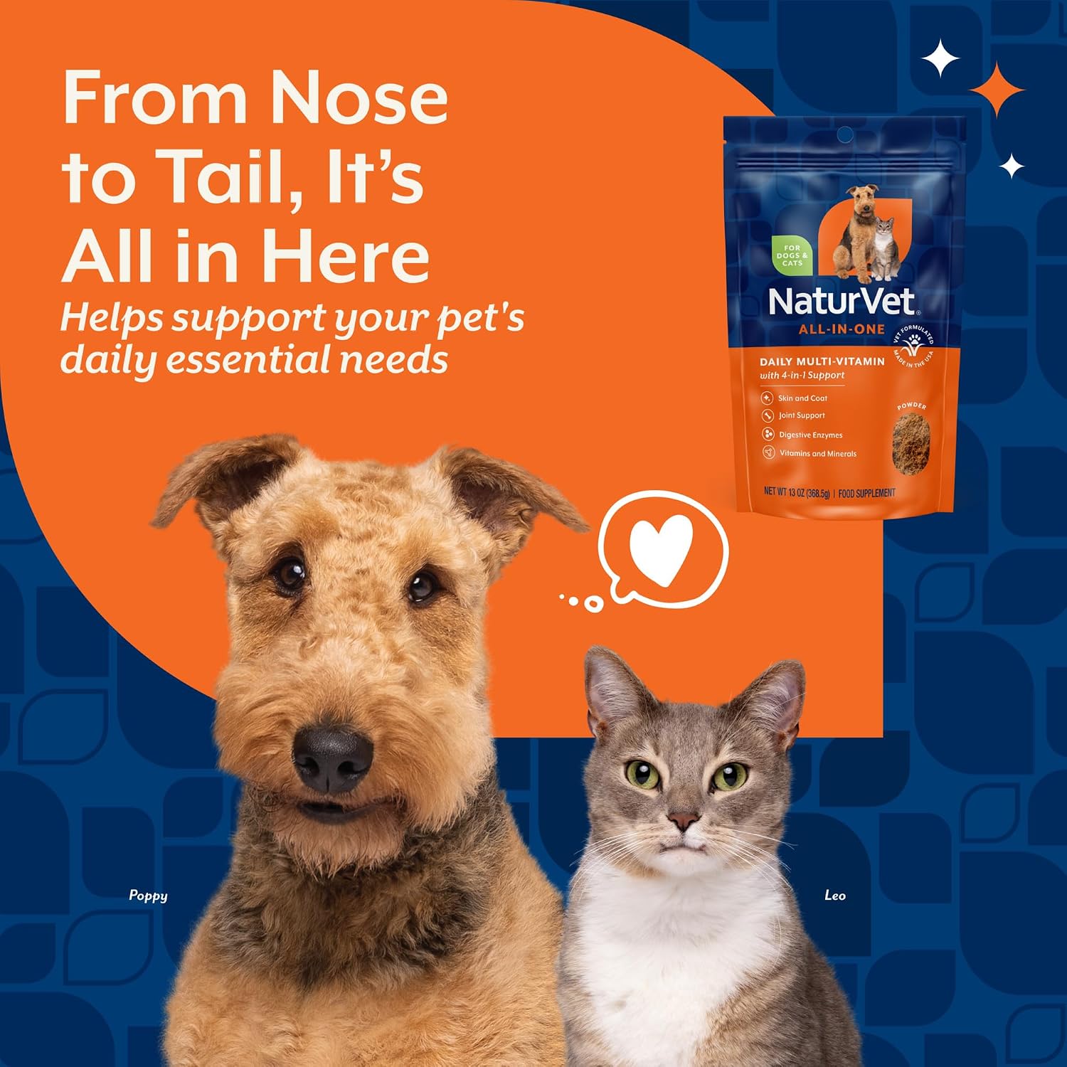 NaturVet All-in-One Cat & Dog Supplement Daily Multivitamin - 13 Oz Powder | Daily Multivitamin for Dogs & Cats - Supports Digestion, Skin & Coat with Omega-3, 6, 9 in a Wheat-Free Formula, 13 Oz Powder