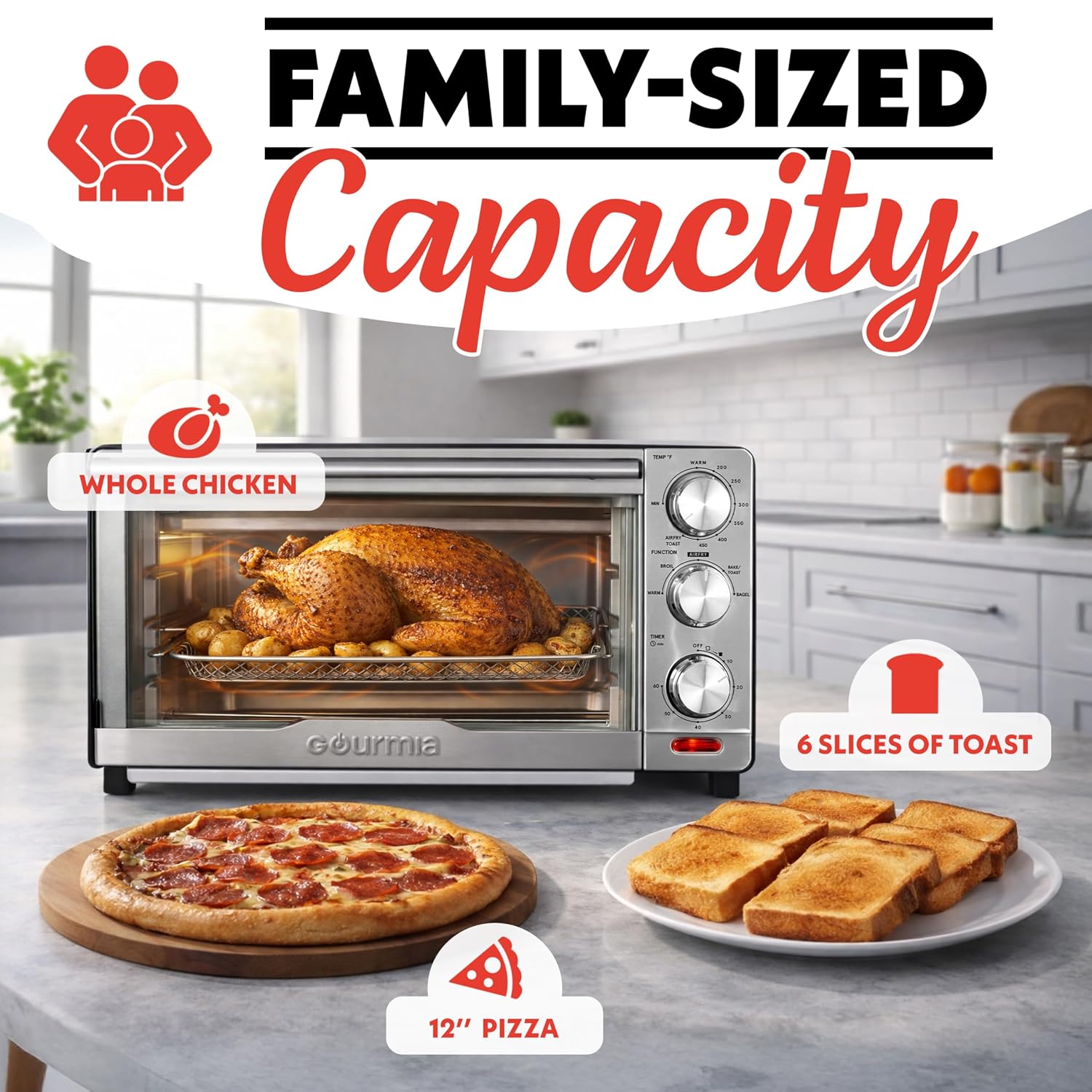 Gourmia Air Fryer Toaster Combo - 6-in-1 Multi-function Countertop Oven Adjustable Temperature & Timer, Fry Basket, Baking Pan