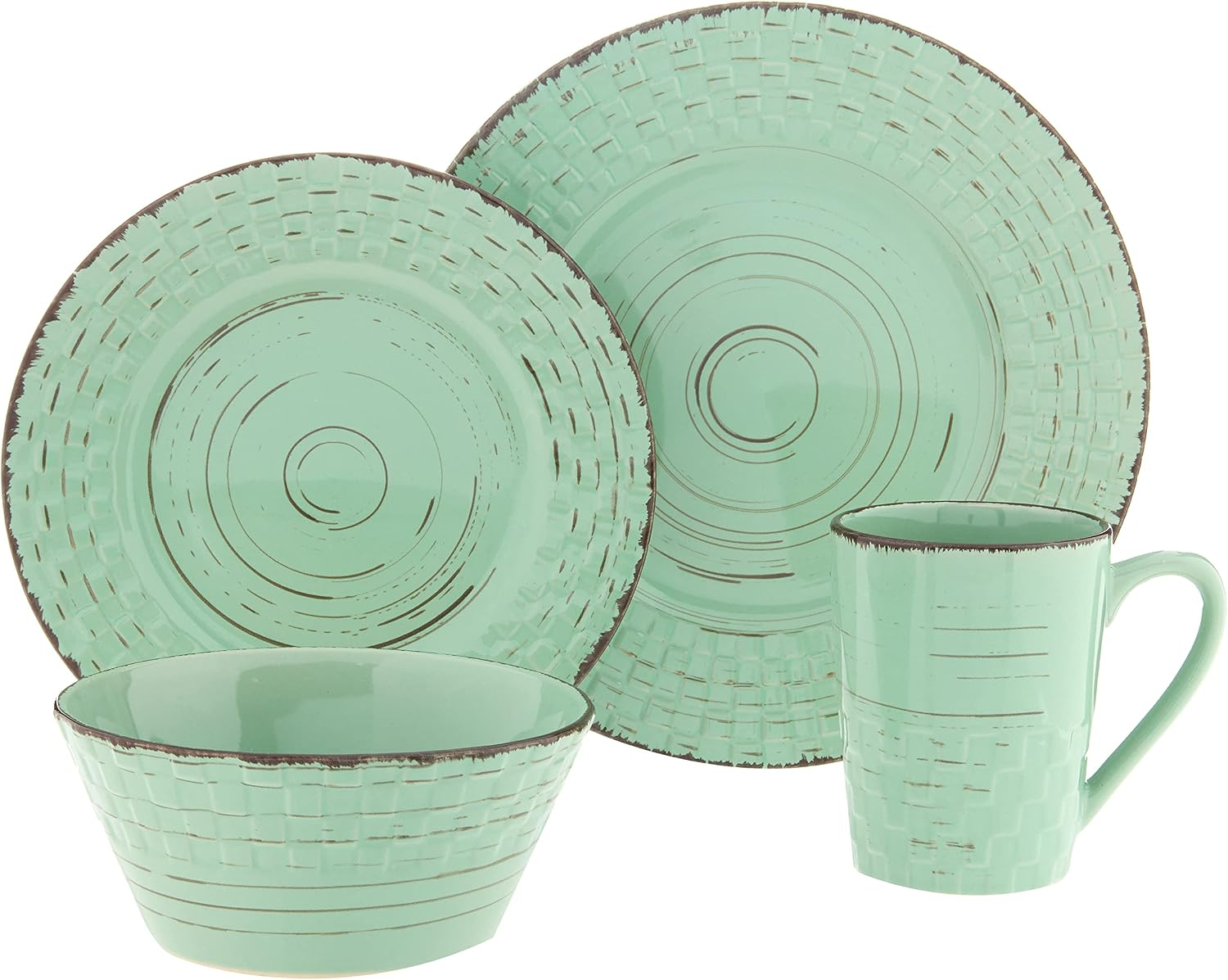 Lorren Home Trends Distressed Weave Dinnerware Set, Buttercup, 16 Piece | Service for 4