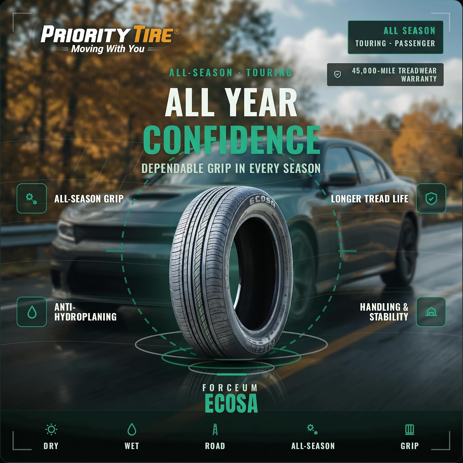 Forceum Ecosa All-Season Passenger Car Touring Radial Tire-175/70R14 175/70/14 175/70-14 84T Load Range SL 4-Ply BSW Black Side Wall UTQG 400AA