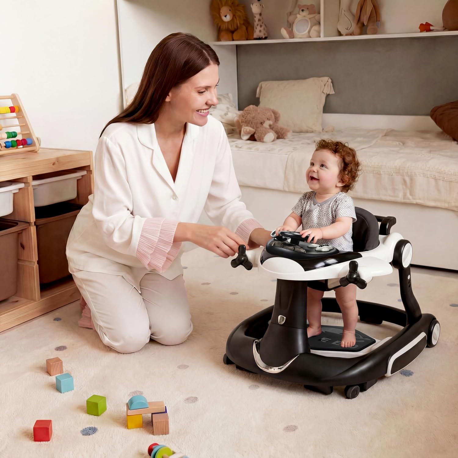 7 in 1 Foldable Baby Walker, Rock/Push Mode/Activity Center, Green | Adjustable Height & Speed, Music, Lights, Footrest, Detachable Play Toy Panel, Walker with Wheels for Infants 7-18 Months
