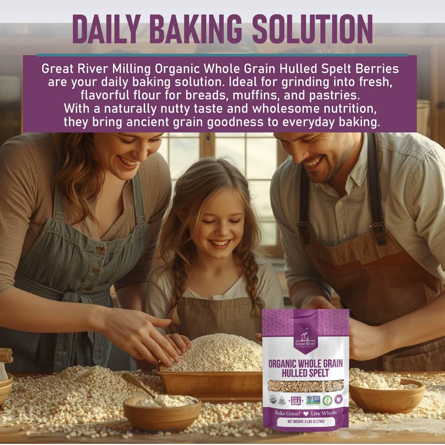 Great River Milling Organic Hulled Spelt Berries, Ancient Grain, 25 lb | Organic Hulled Spelt Berries for fresh spelt flour, bread, salads, pilaf, hot cereal and grain bowls; chewy cooked berries