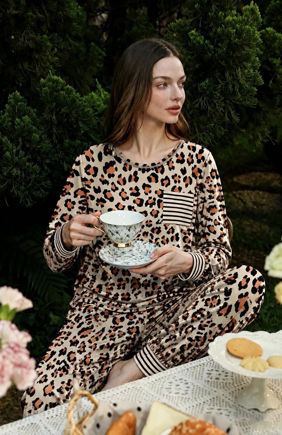 SWOMOG Women’s Pajamas Set Long Sleeve Sleepwear with Long Pants Soft Modal Loungewear Pj Set