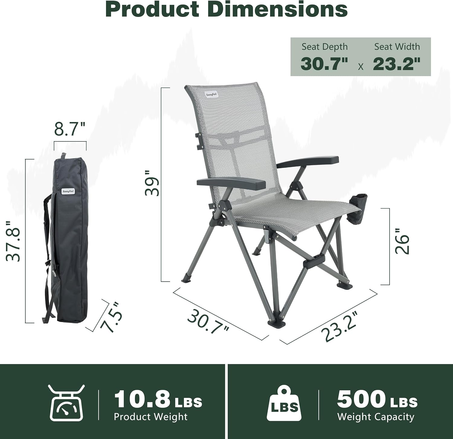 SUNNYFEEL High Back Folding Camping Chair 500 lbs with Aluminum Frame, Grey | Ergonomic Back Support, High-Resilience Fabric & Uv-Rated, Detachable Cup Holder and Carry Bag for Camping, Beach, RV, Patio