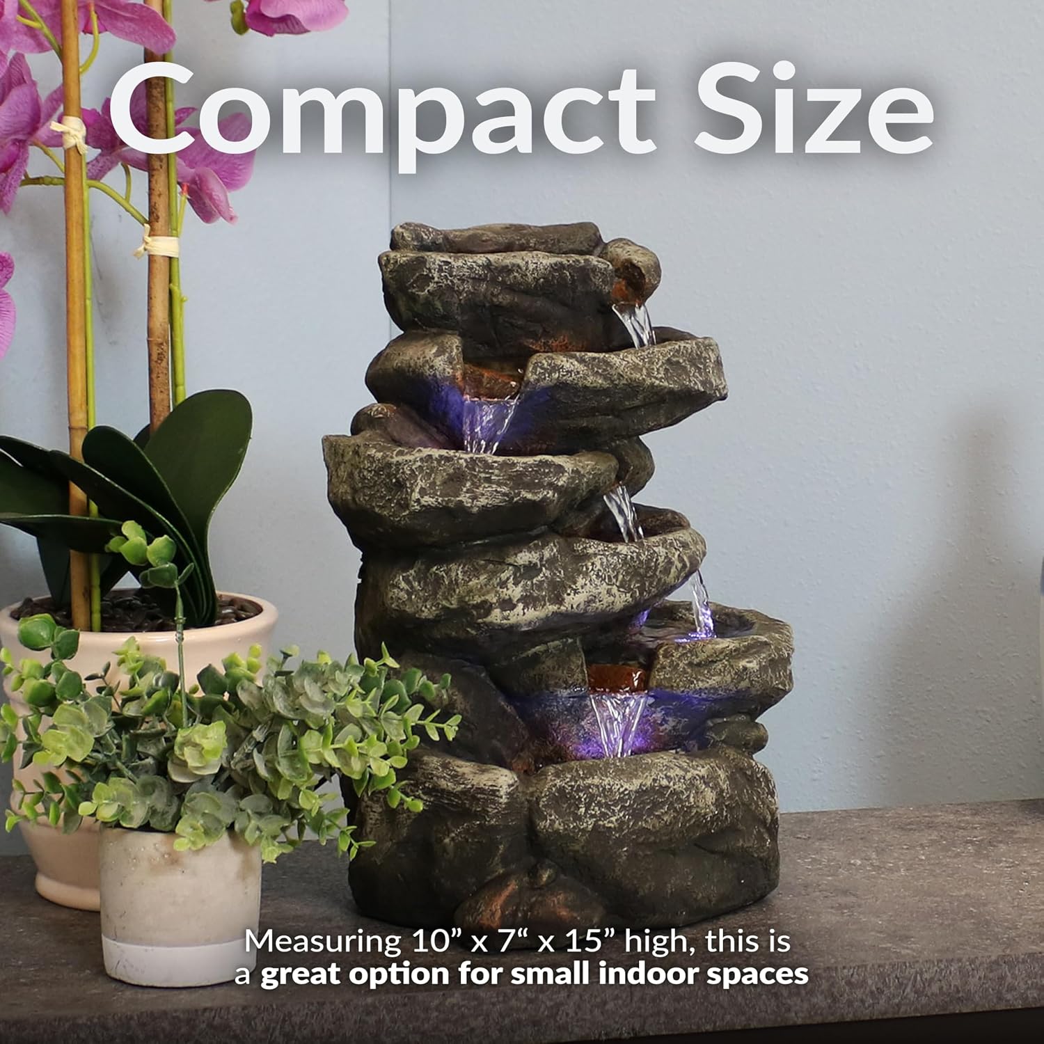 Sunnydaze 15" 6-Tier Tabletop Water Fountain with LED Lights, Stone Falls | Indoor Tabletop Fountain, Calming Sounds