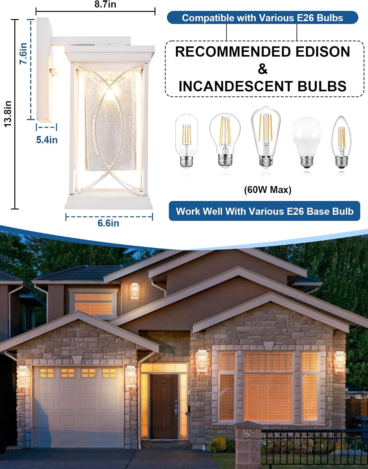 Dusk to Dawn Modern Outdoor Coach Lantern Exterior Light Fixtures Black Aluminum with Crack-Like Glass Waterproof Wall Sconce Mission Outside Light