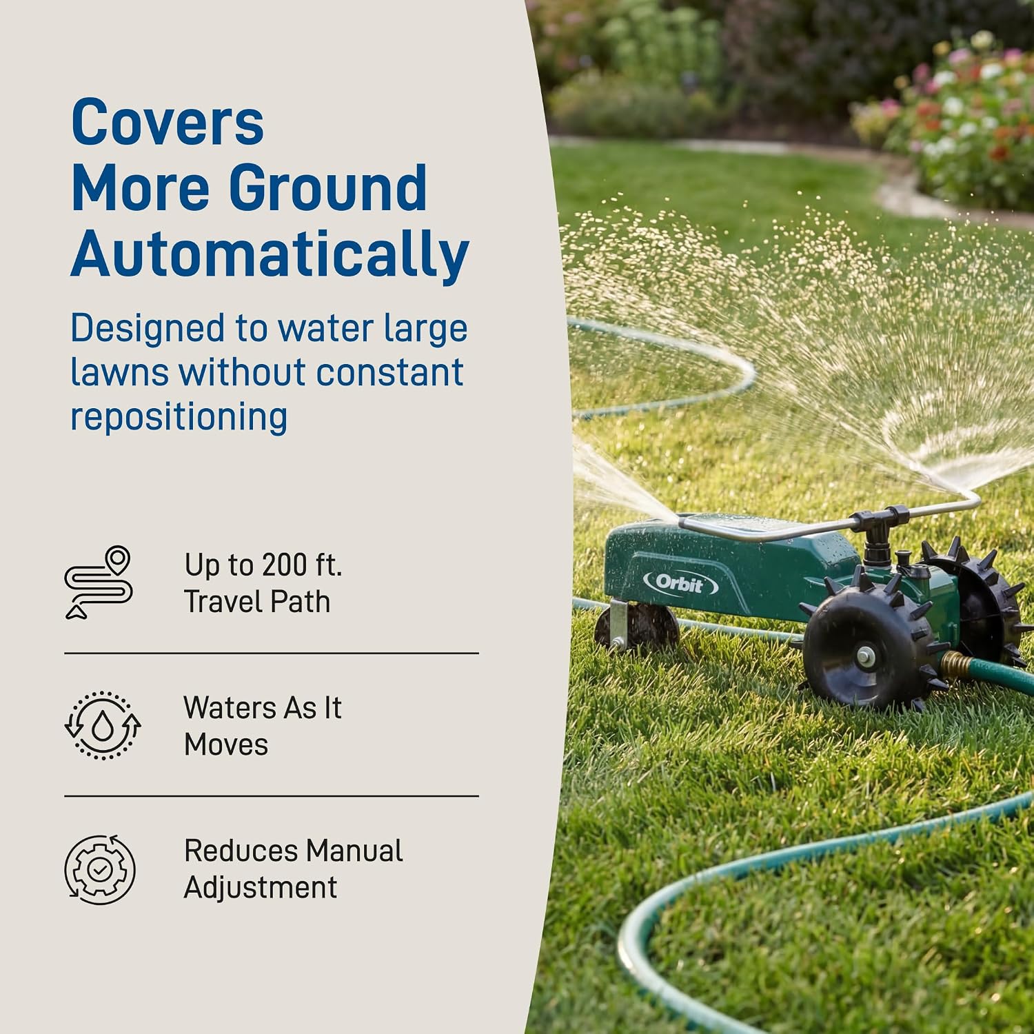Orbit Traveling Tractor Water Sprinkler - Self-Propelled Traveling Sprinkler for Wide Lawn Coverage - Cast-Iron Body with Adjustable Coverage