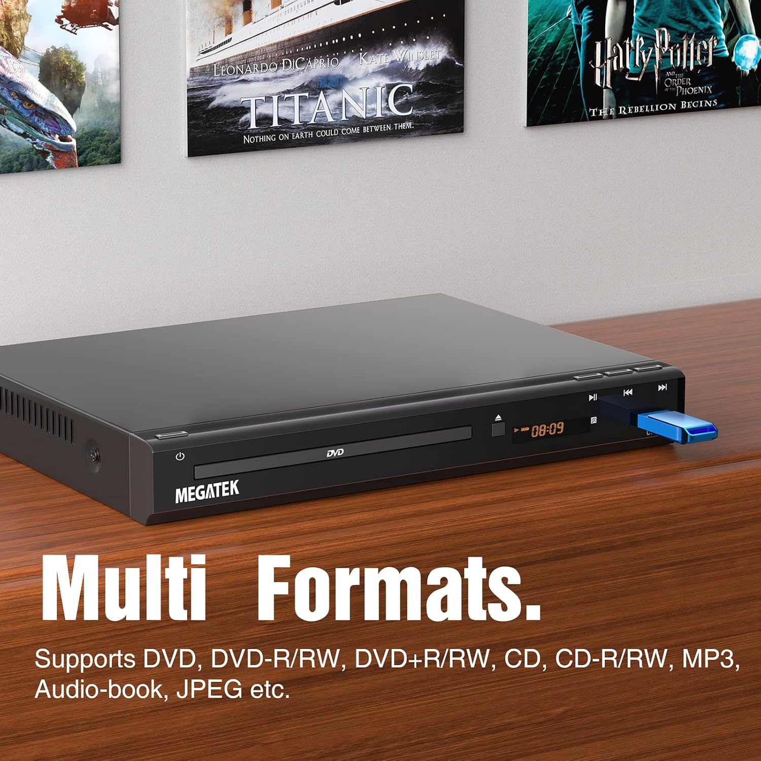 MEGATEK Region-Free DVD Player for TV with HDMI & 1080P Upscaling | CD/DVD/USB Playback, Compact Metal Housing, Coaxial Audio, LED Display