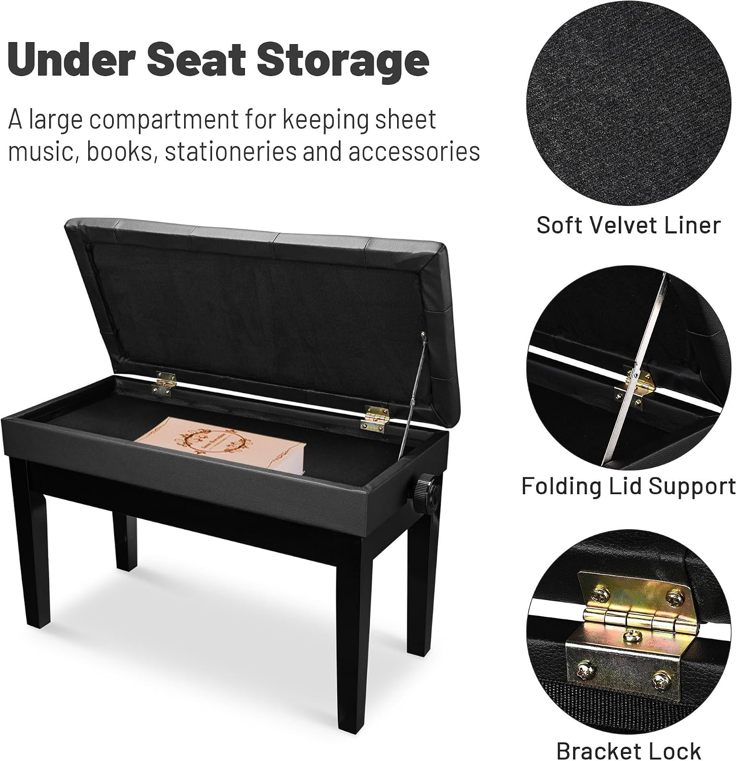 AW Adjustable Piano Bench with Storage Brown Wooden Keyboard Stool Seat | Leather Cushion Paino Chair for Piano Shop Music School Studio Capacity 400lbs