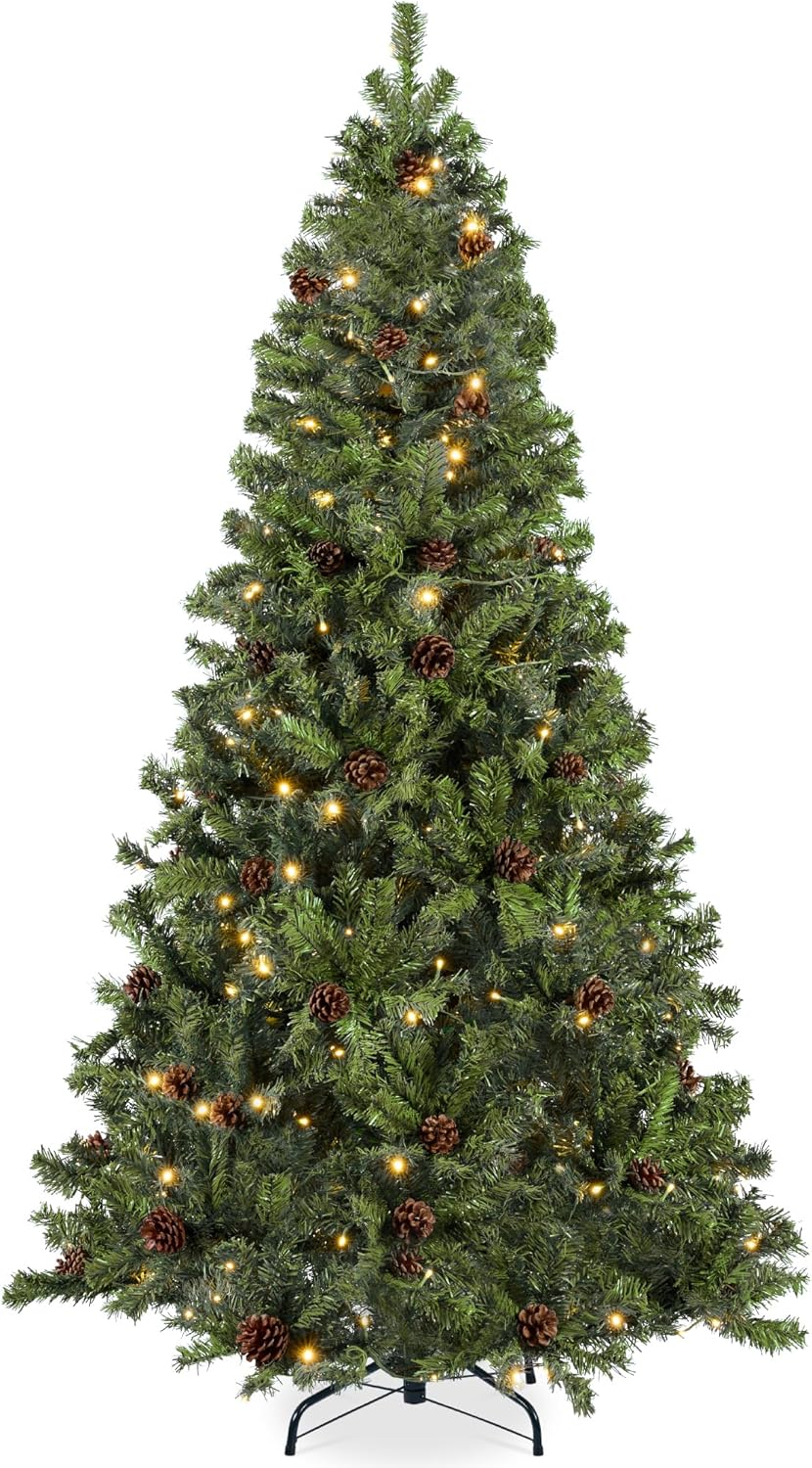 Best Choice Products 7.5ft Pre-Lit Pre-Decorated Pine Artificial Christmas Tree w/Twinkling LEDs, 1, 346 Flocked Frosted Tips, 80 Pinecones
