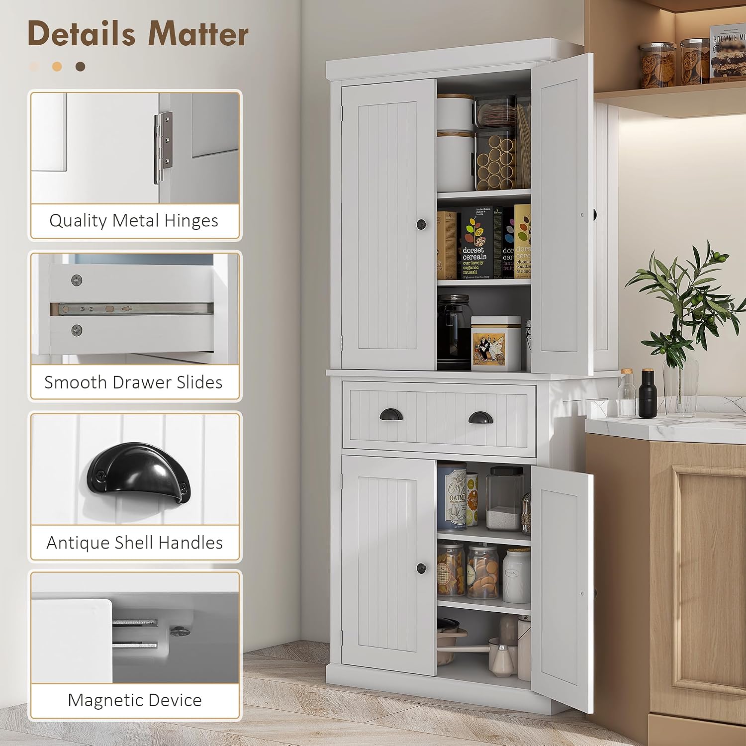 HOMCOM 72" Kitchen Pantry Cabinet Freestanding Tall Storage Cabinet White | Traditional Kitchen Pantry, 4 Doors, Drawer, 3 Adjustable Shelves, for Dining Room