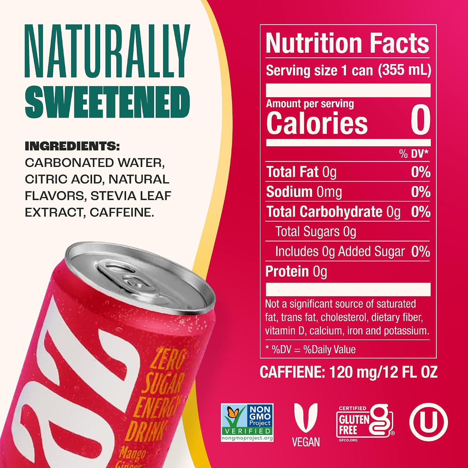 Zevia Zero Sugar Energy Drink, Raspberry Lime, 12 oz Cans (12-Pack) – Naturally Sweetened, Zero Calorie Sugar Free Energy - Non-GMO Project Verified, Gluten-Free, Vegan
