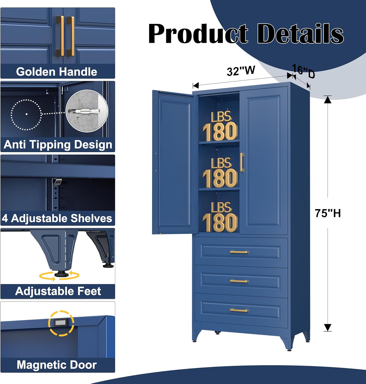 Steeloong 71"Metal Pantry Storage Cabinet with Doors & 4 Adjustable Shelves | Kitchen Pantry Cabinet,White Kitchen Cabinet with 2 Gold Handles,Tall Cabinet for Livingroom,Pantry, Bathroom,Kitchen