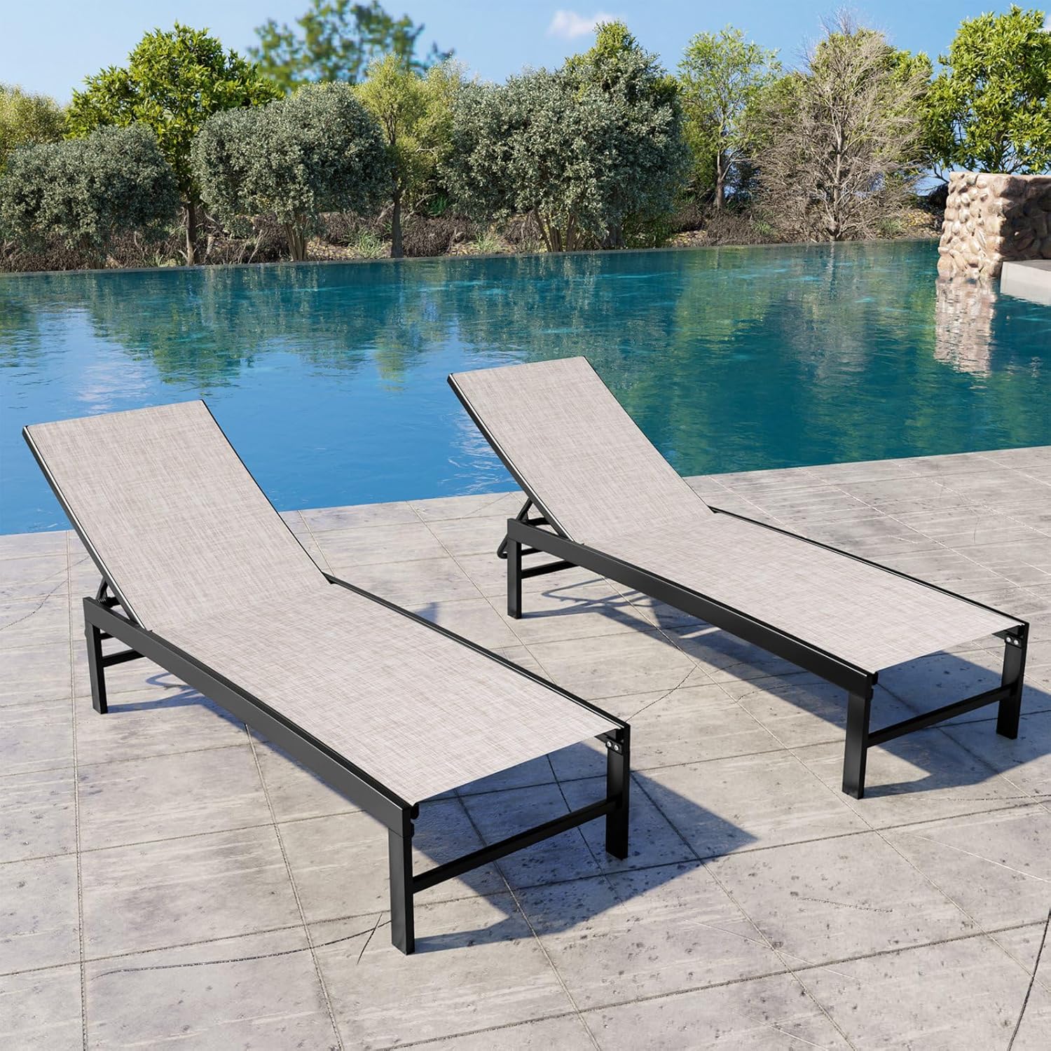 Crestlive Products Outdoor Pool Lounge Chairs Set of 2 with Side Table, Adjustable Five-Position Recliner for Beach, Pool, Sunbathing, Lawn