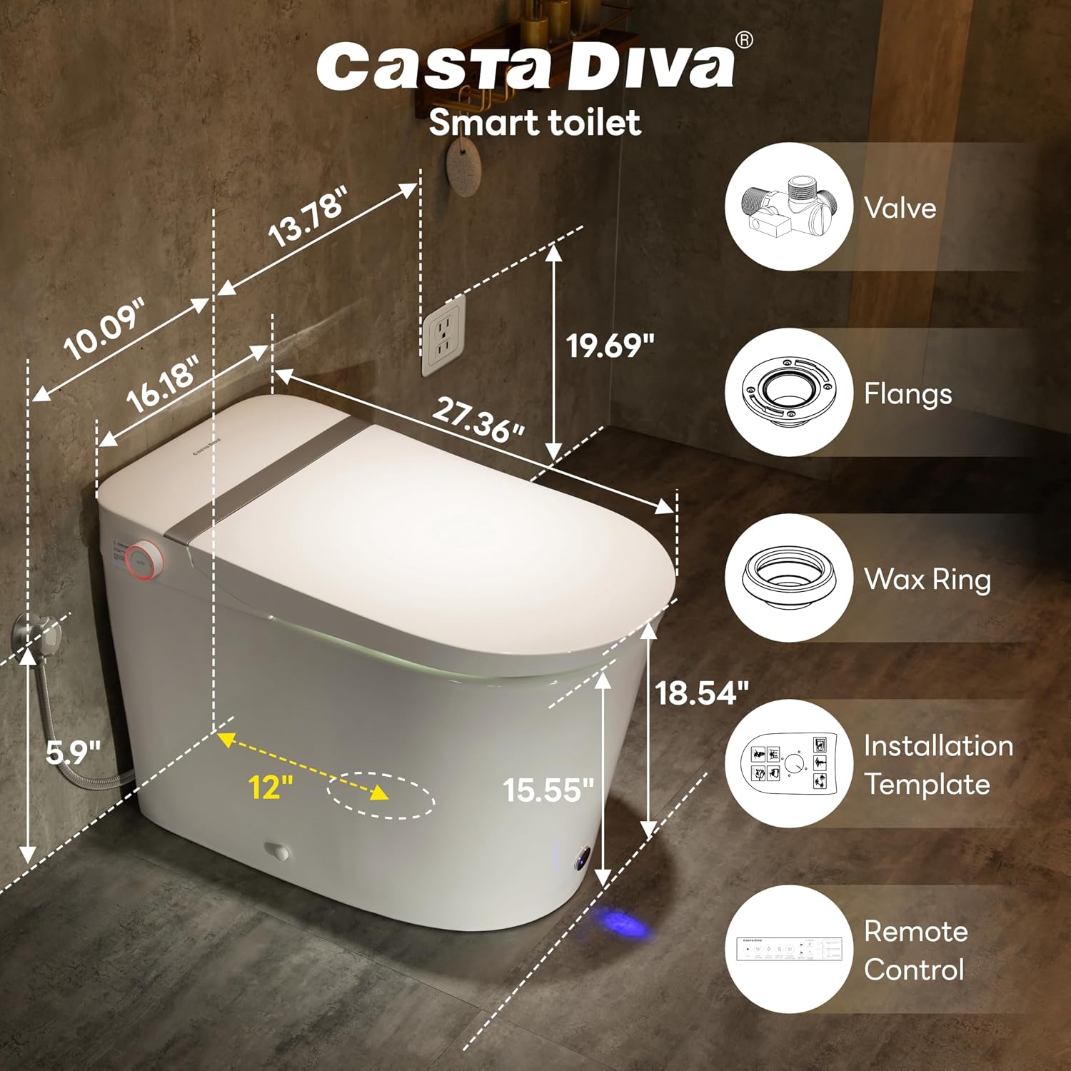 ADA Smart Toilet Bidet with Auto Open Close Heated Seat(K050Pro) | Bidet Toilet with Tank, 1000g MaP Quiet Flush, Comfort ADA Seat, Foam Shield, Dryer, Foot Sensor, Auto & Blackout Flush