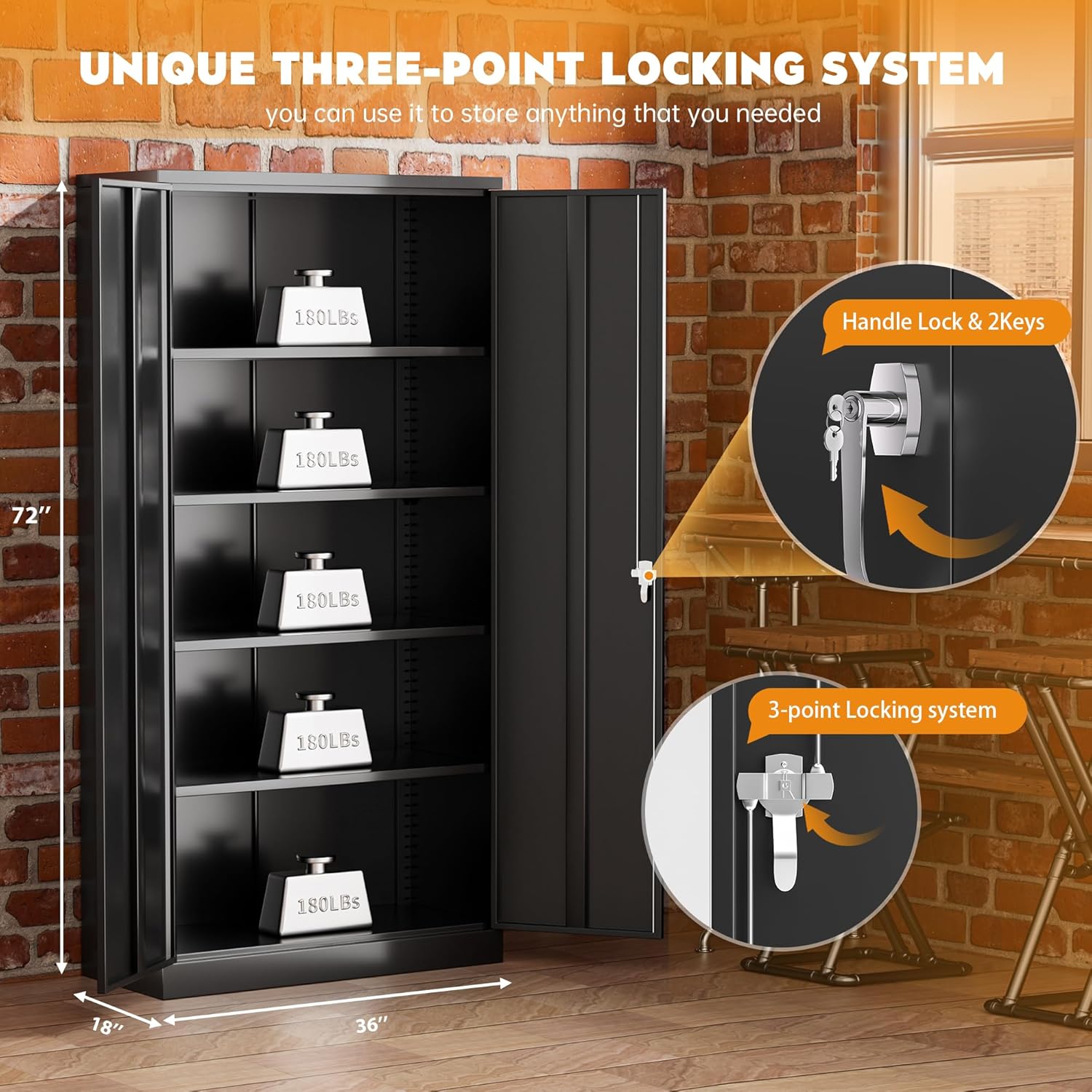 Greenvelly Steel SnapIt Storage Cabinet, 72" Locking Metal Garage Storage Cabinet with 4 Adjustable Shelves, 2 Doors and Lock for File, Office, Garage