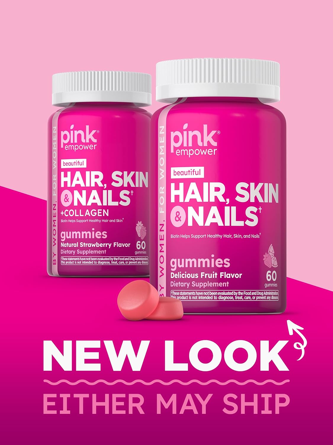 PINK Hair Skin Nails Gummies | Plus 2,500 mcg of Biotin | 60 Count