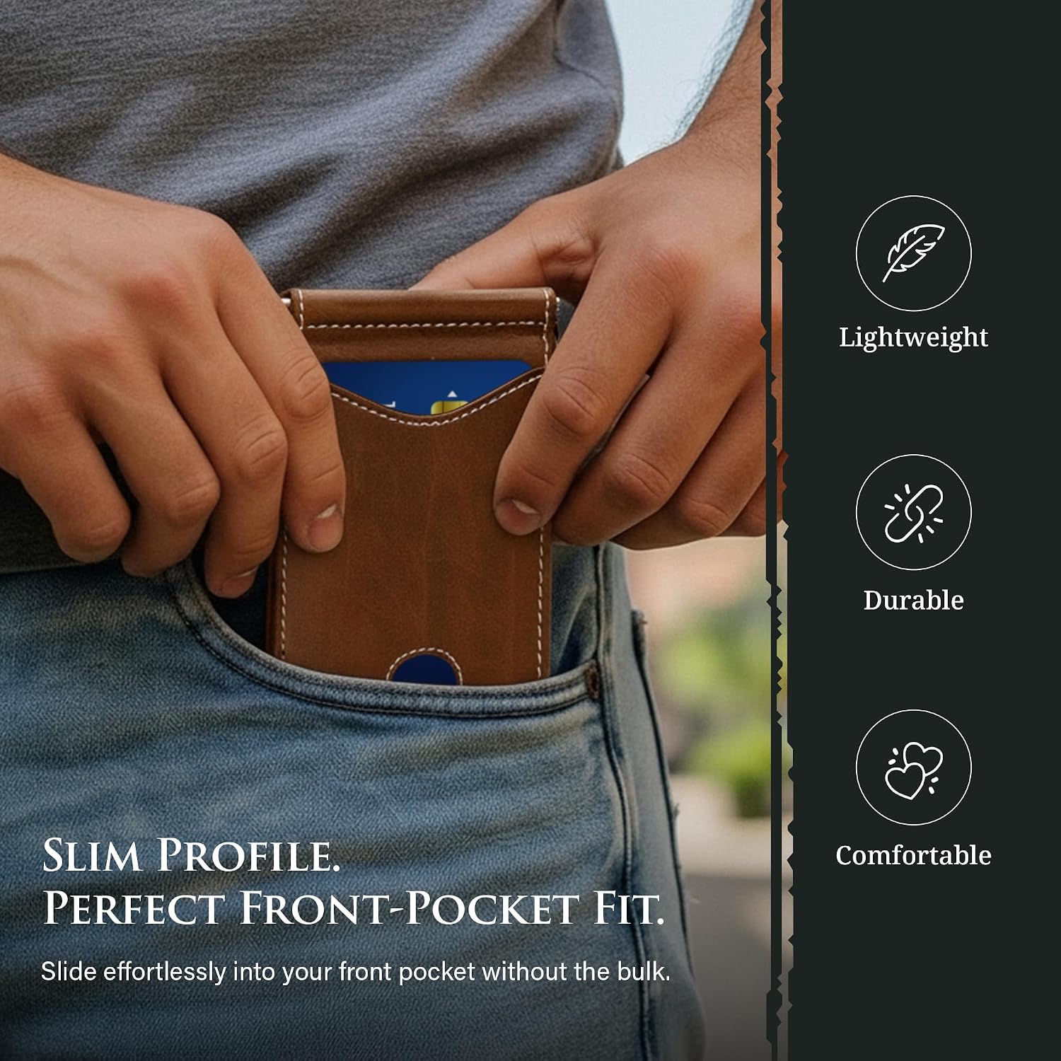Genuine Bison Leather Wallet for Men, RFID Slim, Brown | Genuine bison leather wallet for men with RFID blocking and curved front pocket fit. Rugged slim everyday carry, brown.