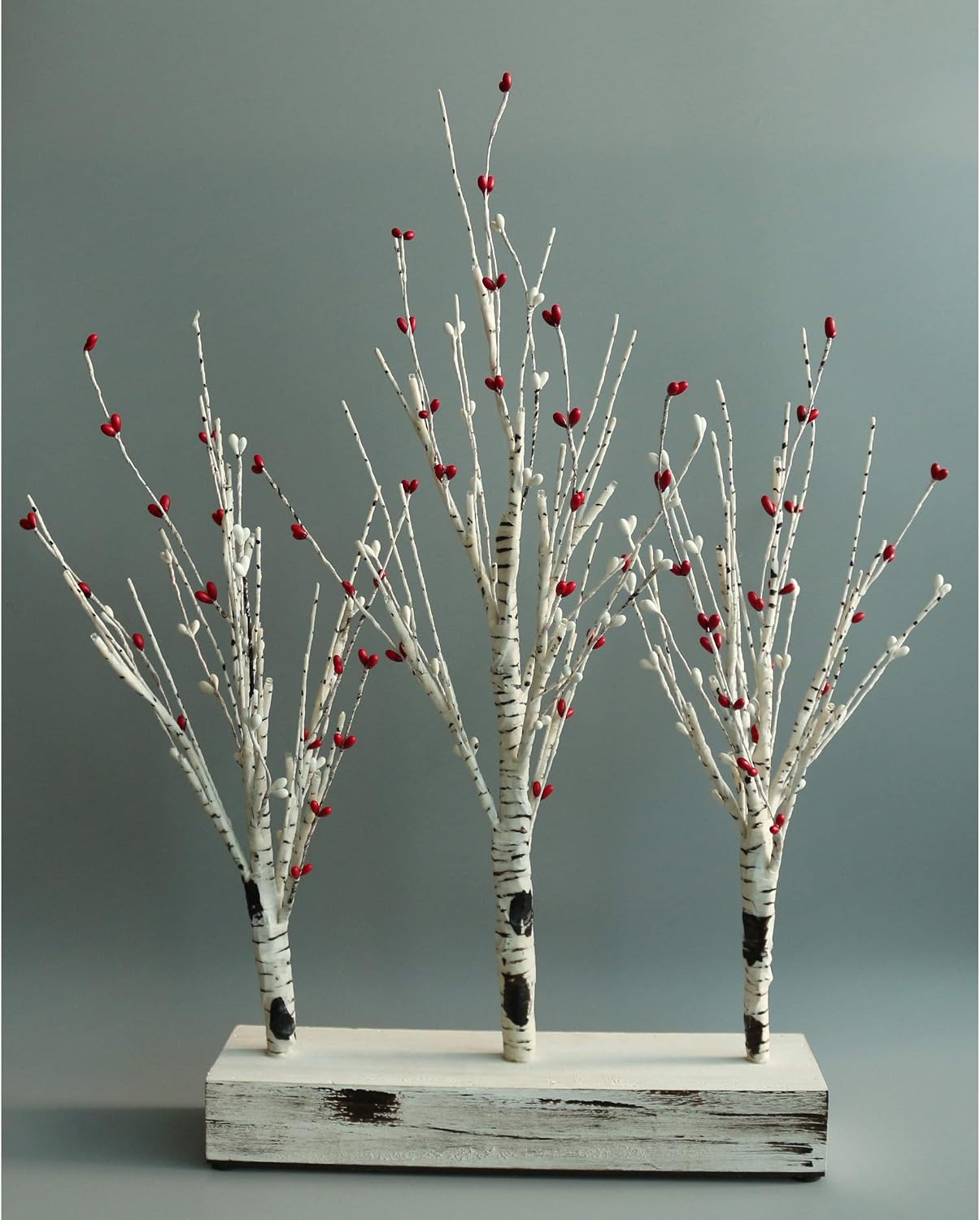 Battery Operated w/Timer Illuminated Pip Berry Tree Centerpiece Lighted Three Trees Tabletop LED Lights, for Home/Party/Wedding/Festival/Indoor Decoration, 21-Inch