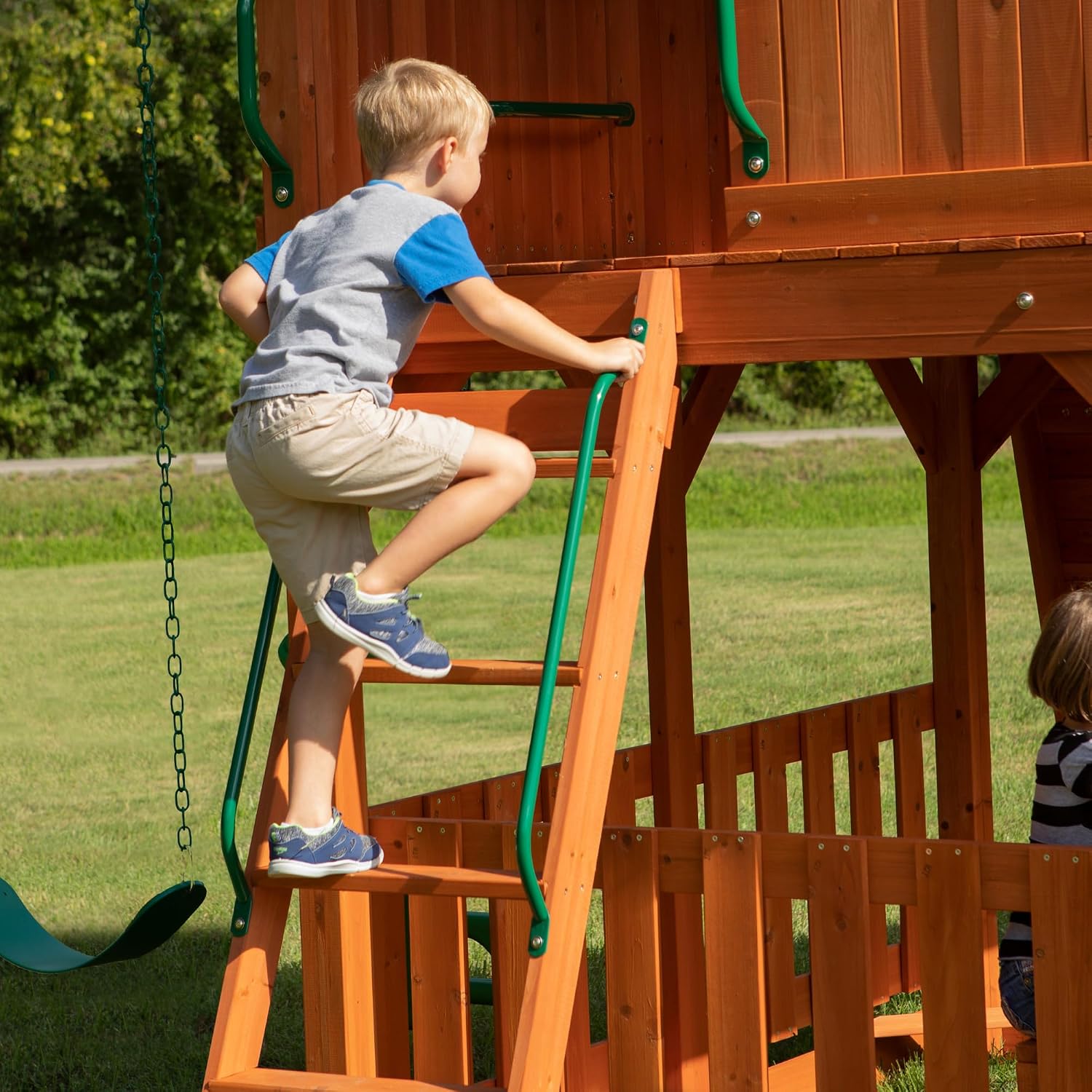 Backyard Discovery Skyfort II Cedar Wood Swing Set with Wave Slide, Raised Clubhouse, Crow's Nest, Monkey Bars, Balcony, Belt Swings, Trapeze