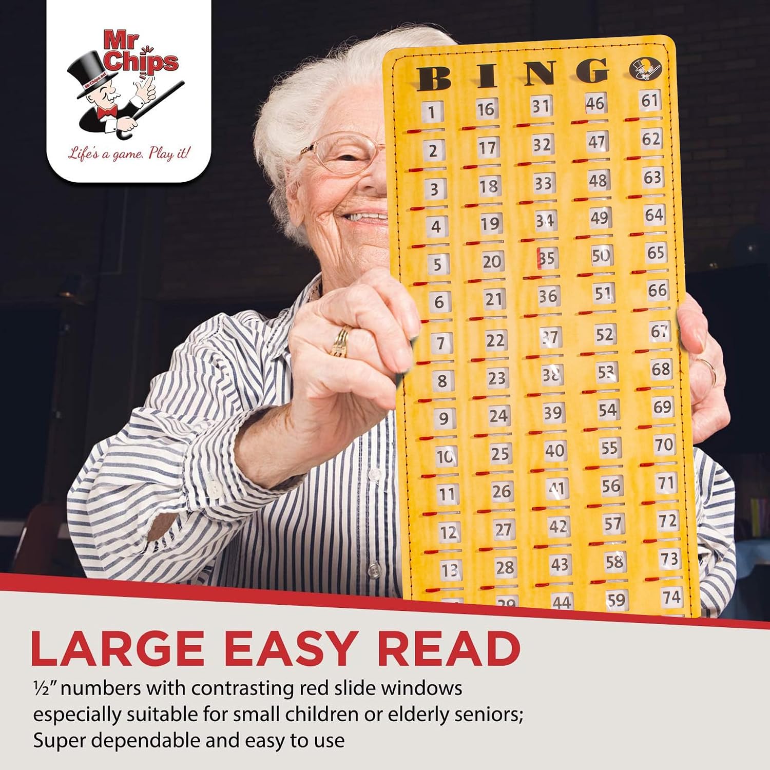 MR CHIPS Large 14.75" L x 6.75" W Jam-Proof Finger Tip Bingo Master Board Card with Large 3/4" Sliding Windows, Thick 5 Ply Cardboard, Gold Rush Style