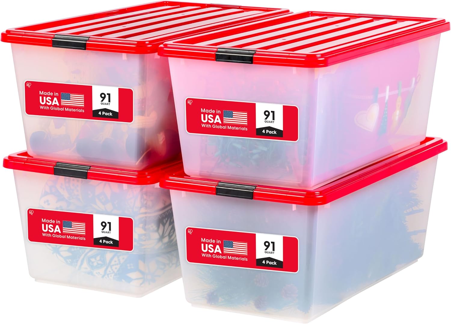 IRIS USA 2-Pack Holiday Ornament Storage Box with Attached Lid, Clear/Red