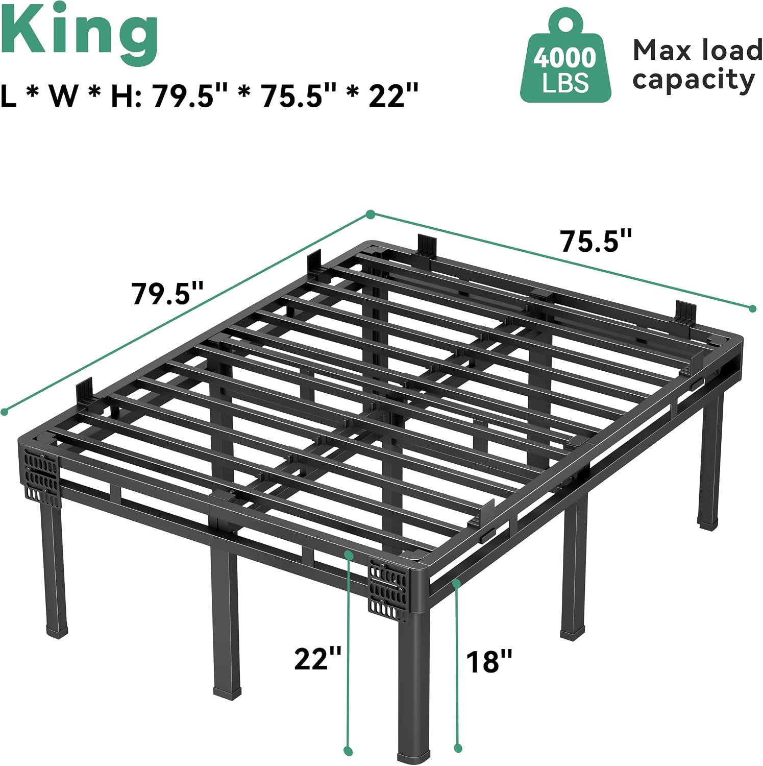 Superay 24 inch HIgh Queen Bed Frame with Rounded Legs, Double Layer Design | Metal Bed Frame & Box Spring 2 in 1 High Platform with Matress Gasket & headboard Adapter, Heavy Duty Support 4000lbs, Black