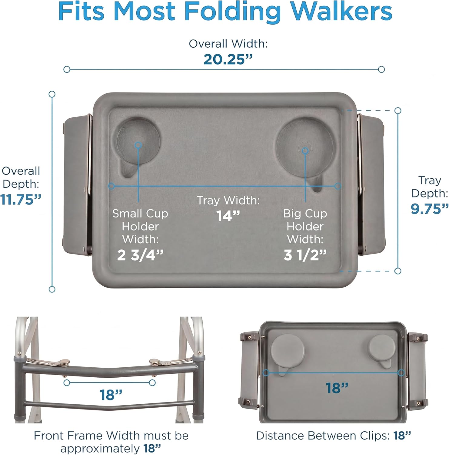 NOVA Folding Walker Tray Accessory – Flip-Up Walker Tray with 2 Cup Holders for Food