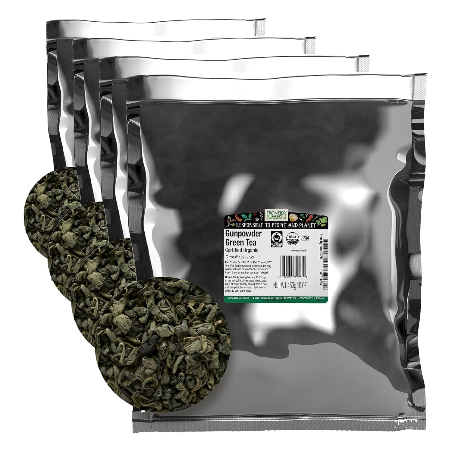 Frontier Co-op Organic Gunpowder Green Tea Leaves, 1-Pound Bulk, Smokey Green Tea, Maintains Freshness, Kosher, Fair Trade | Smokey Green Tea, Maintains Freshness, Kosher, Fair Trade