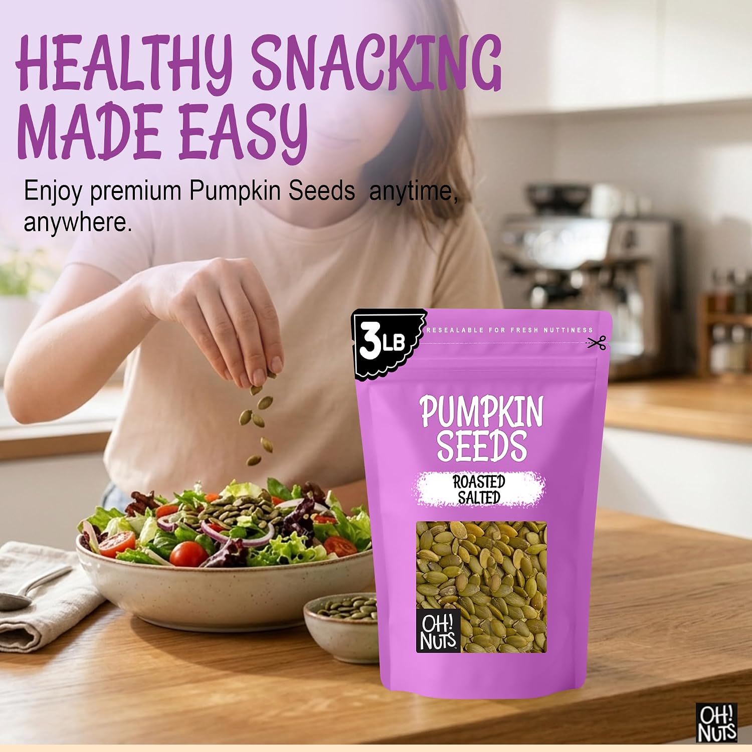 Oh! Nuts Roasted Pumpkin Seeds Salted Pepitas No Shell 2 Pound | Roasted salted pumpkin seeds no shell - Premium pepitas packed in NY - Resealable zip bag for freshness