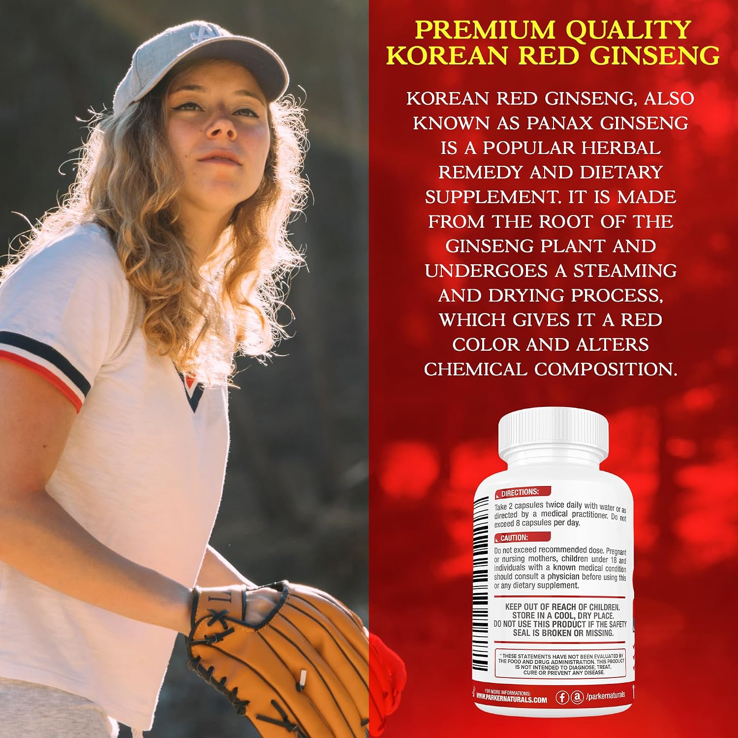 Korean Red Ginseng Extract, 1300mg Extract with Ginger Root and Black Pepper, 20% Ginsenosides Red Panax Ginseng Supplement, 120 Caps