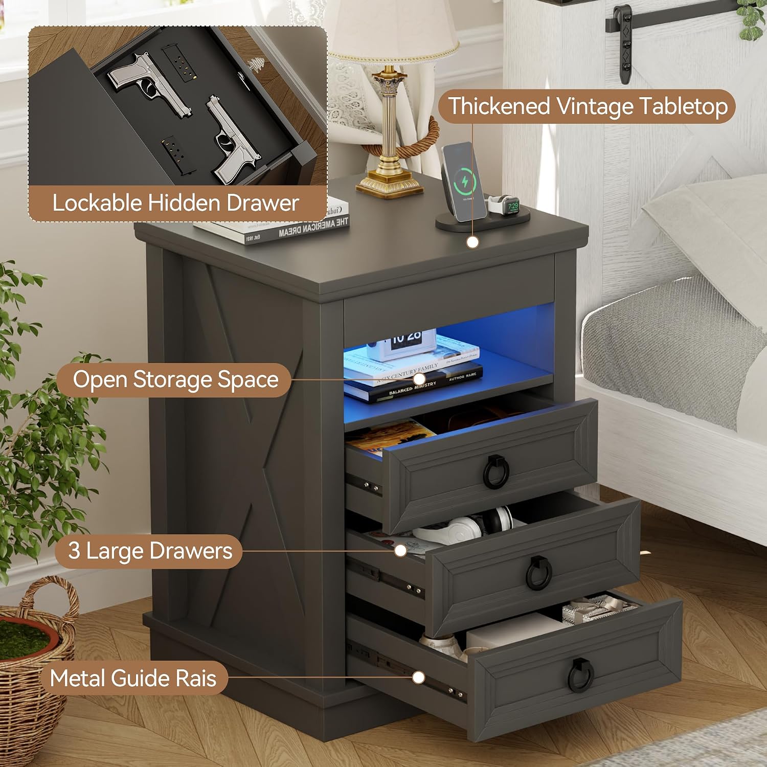 Lvifur LED Nightstand with Lockable Gun Drawer and Human Sensor, Black | USB & Type-C Charging Station, 3 Dimmable Lights, Adjustable Brightness, 3 Drawers, Farmhouse Style, Human Body Induction