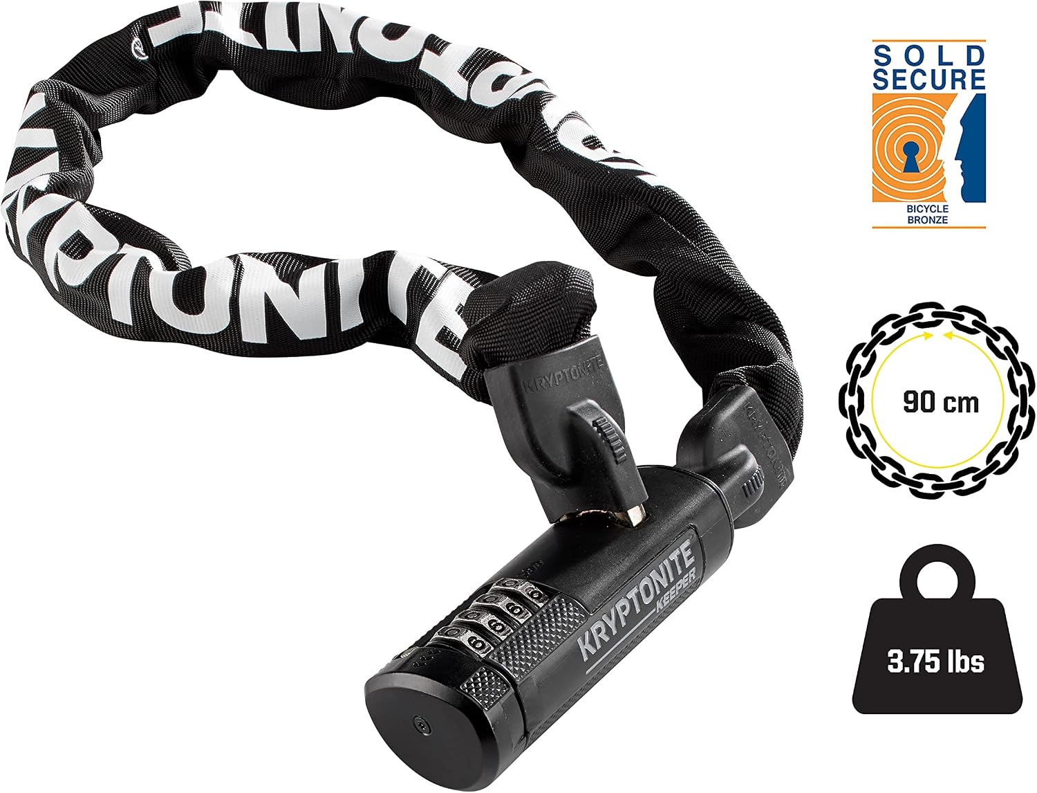 Kryptonite Keeper 790 Combo Bike Chain Lock, 3 Feet Long Heavy Duty Anti-Theft Sold Secure Gold Bicycle Chain Lock