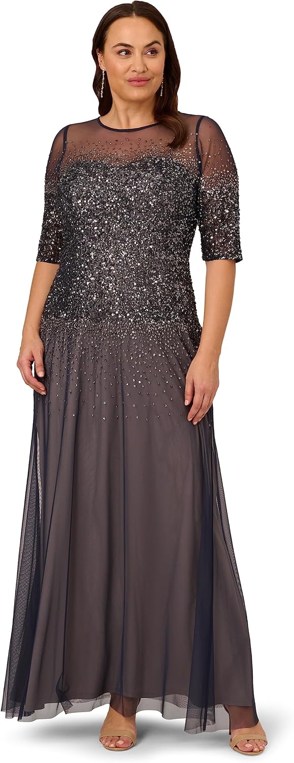 Adrianna Papell Women's Plus-Size Beaded Illusion Gown