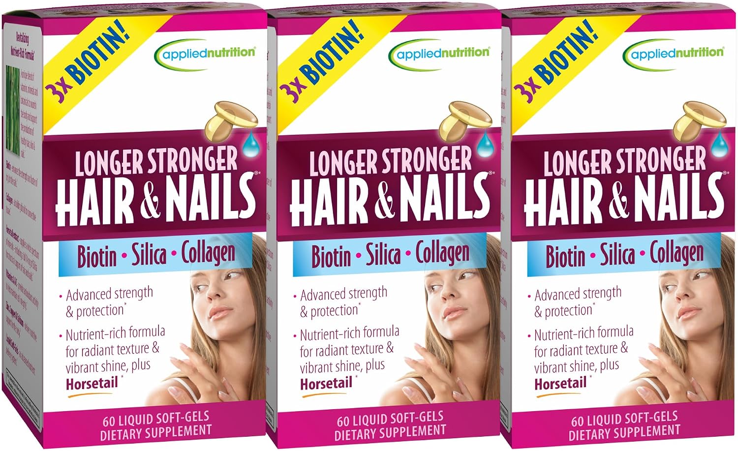 Applied Nutrition Longer Stronger Hair & Nails - 60 Liquid Soft-Gels, Pack of 6 - Biotin, Silica & Collagen - 180 Servings | Biotin | Silica & Collagen | Hair & Nail Support | 6 X 60 Softgels