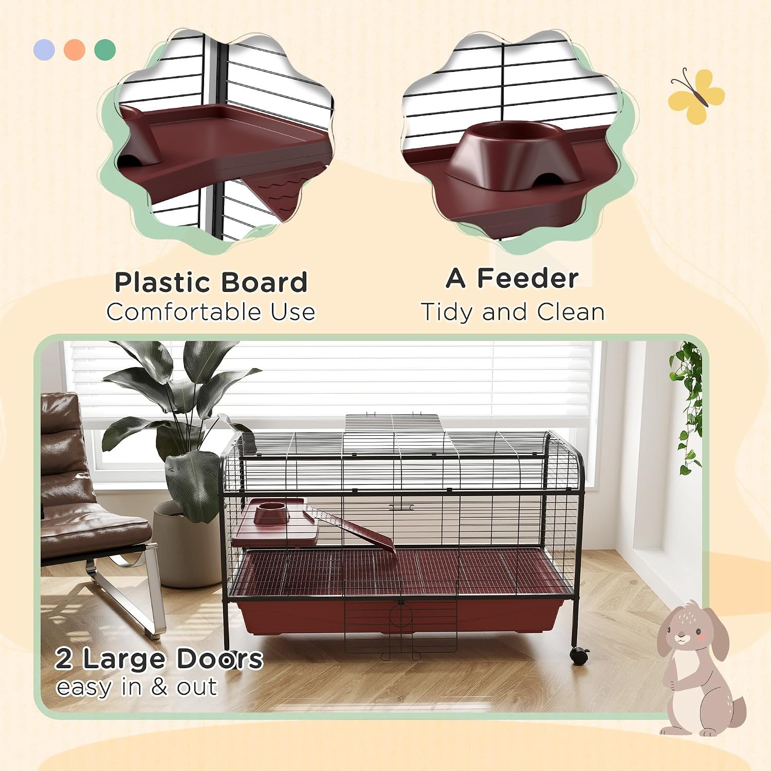 PawHut 41" L Small Animal Cage Rabbit Hutch with Feeder, Rolling Wheels Red