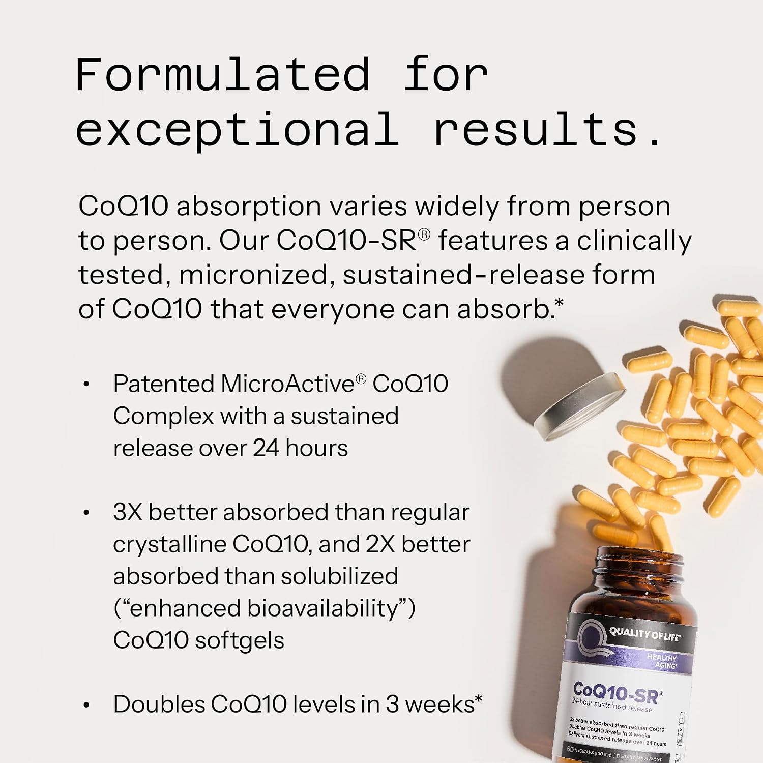 Quality of Life Powerful CoQ10 Sustained Released MicroActive Supplement for Enhanced Absorption, 100 mg of Per Capsule Supports Immune