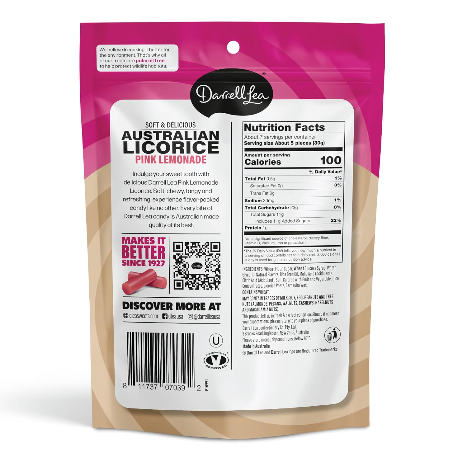 Darrell Lea Soft Australian Licorice, Non-GMO, No Palm Oil, Vegetarian Friendly, No High Fructose Corn Syrup, Soft & Chewy Licorice Candy, Made in Australia (Strawberry, 7 Ounce (Pack of 1))
