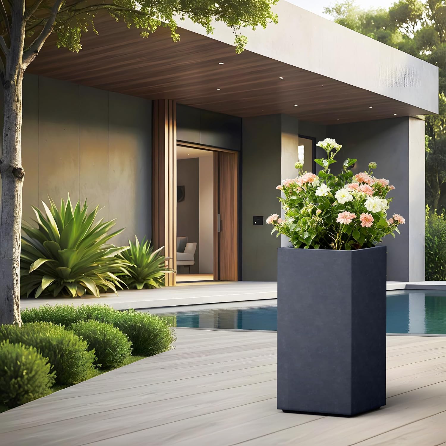 Kante Accent Column Square Pale Gray Concrete Planter 23.6" H, Outdoor