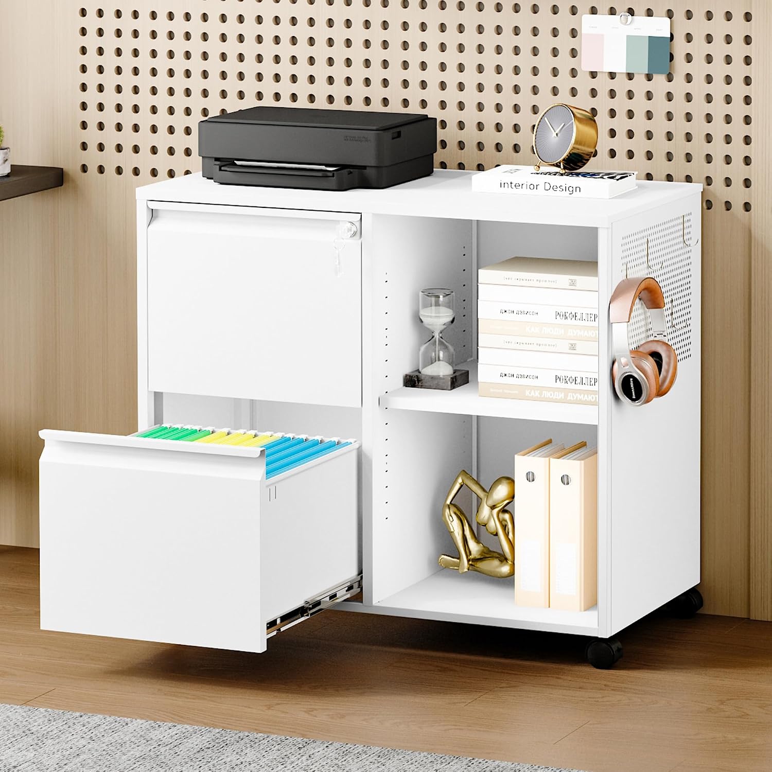 3 Drawer File Cabinet with Lock,Mobile Lateral Filing Cabinet with Side Hook for Letters/Legal/A4, Metal Printer Stand Storage Cabinets with Shelves for Home Office(Black)