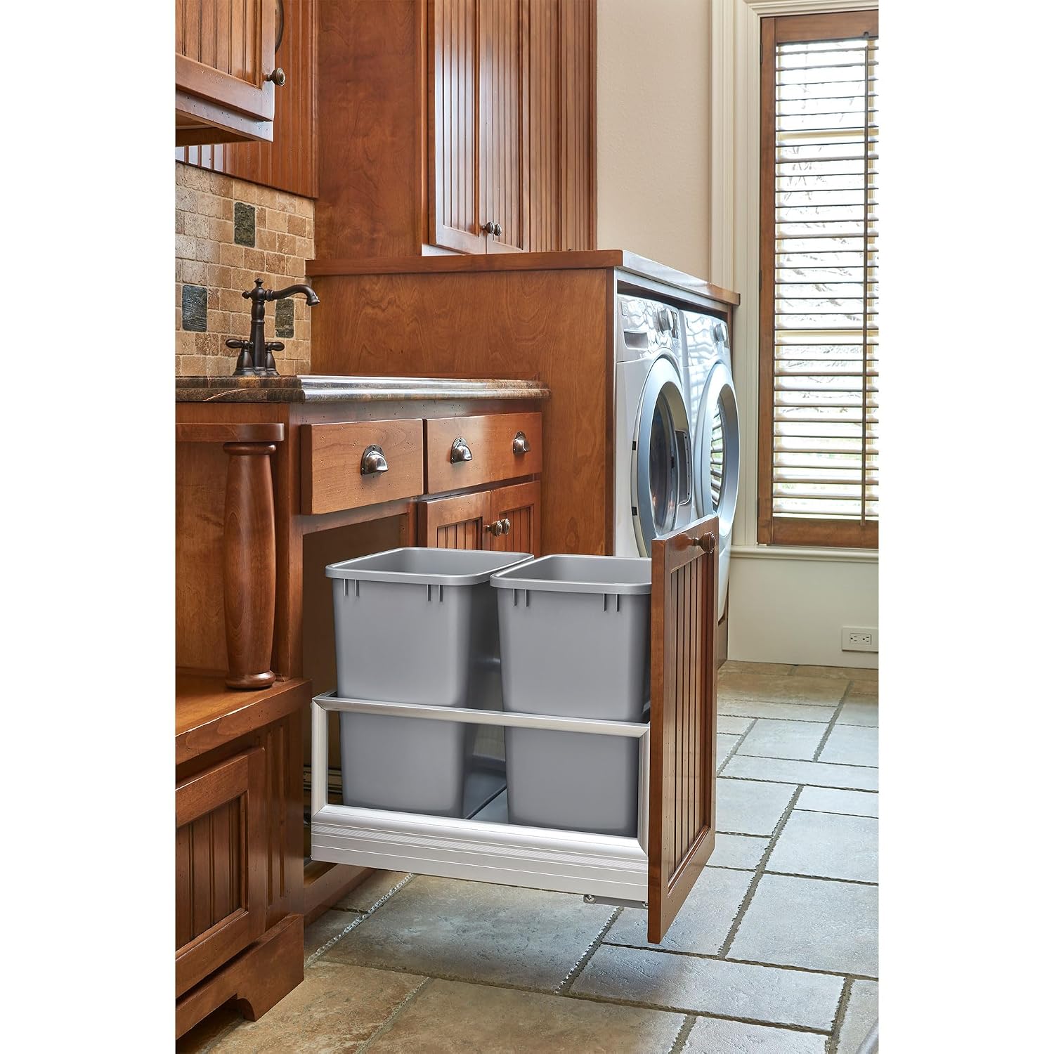 Rev-A-Shelf Double 50 Qt Pull Out Trash Can w/Soft-Close for Base Kitchen Cabinets, Min Opening Width of 15.75", Silver, 5149-2150DM-217