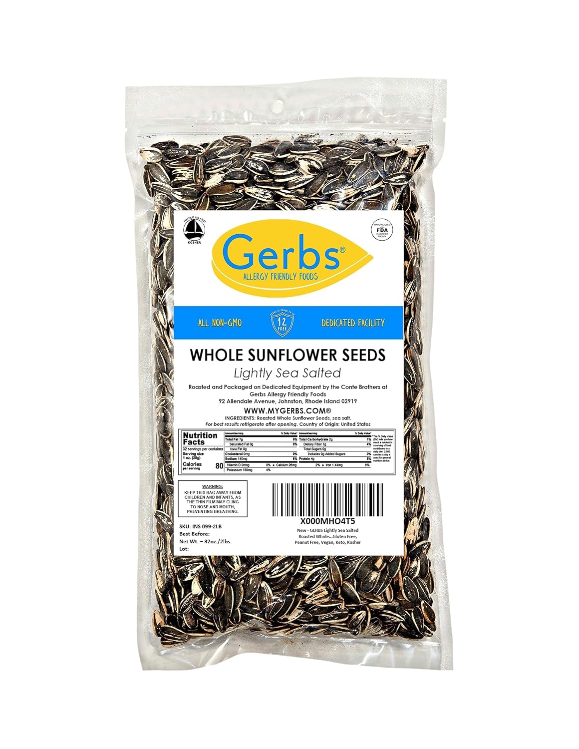 Lightly Sea Salted Sunflower Seed in Shell by Gerbs - 2 LBS - Top 11 Food Allergen Free & Non GMO - Premium Dry Roasted Seeds – COG USA | Small Batch, No Artificial Additives, Resealable Bag | Crack-and-Eat Crunchy Snack | Top 14 Allergen-Free