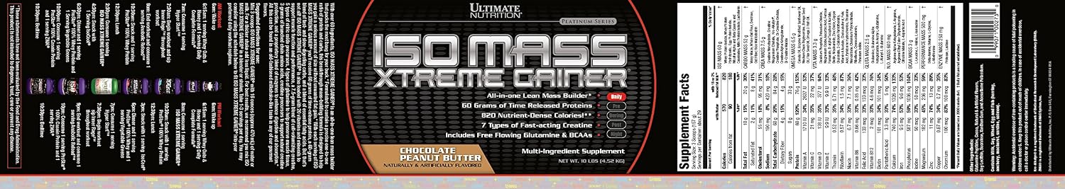 Ultimate Nutrition ISO Mass Xtreme Gainer, Chocolate Milk, 10 lb | 60g Whey Protein Blend, 60g Complex Carbs, 7 Types Of Creatine, 4 Types Glutamine, Lean Mass Gainer For Recovery