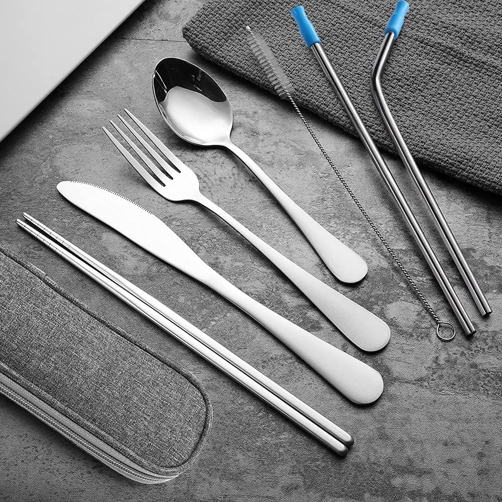Travel Utensils Set with Case Reusable Portable Cutlery Set Stainless Steel 8pcs Including Dinner Knife Fork Spoon Chopsticks Straws(Rainbow)