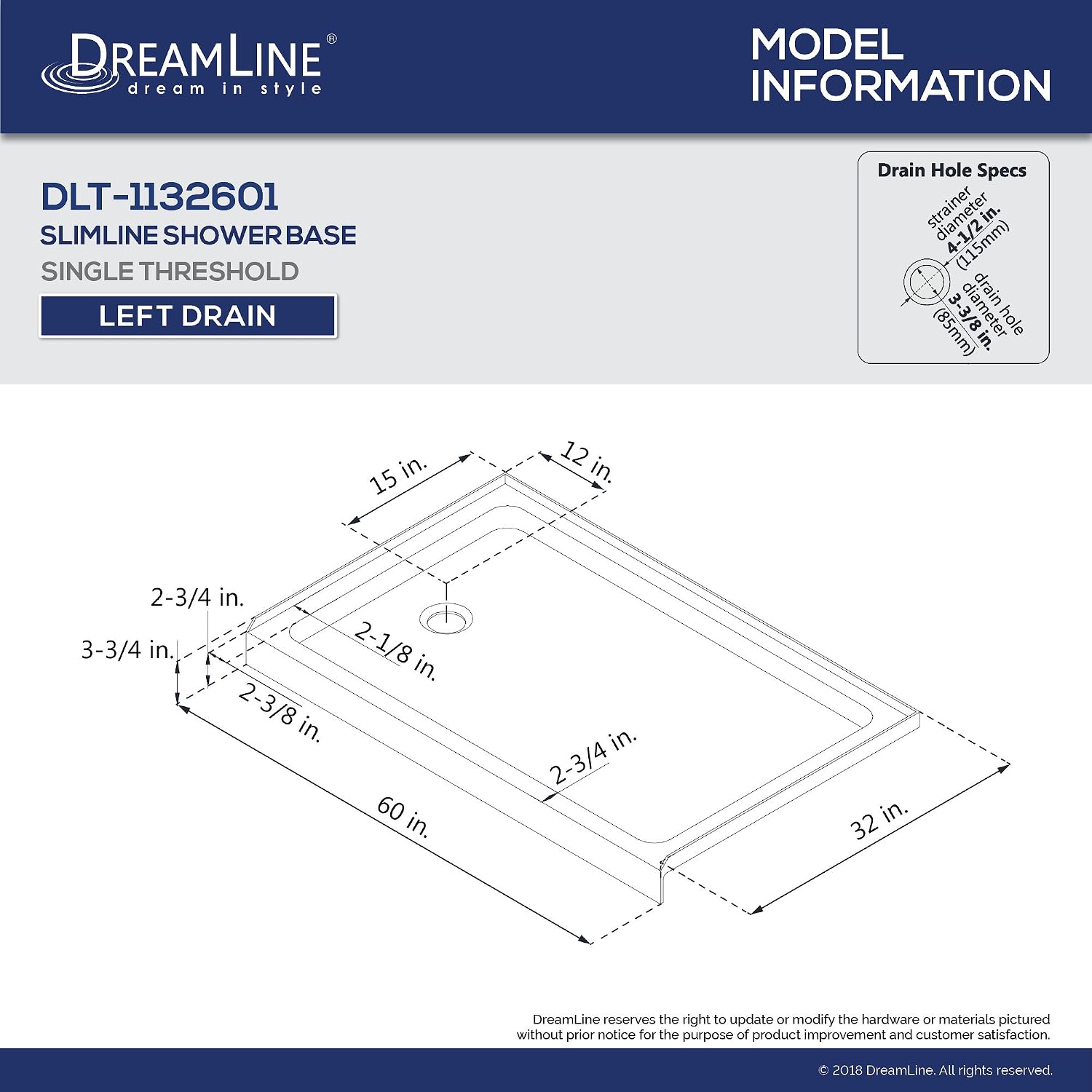 DreamLine 32 in. D x 60 in. W x 76 3/4 in. H Left Drain Acrylic Shower Base and QWALL-5 Backwall Kit In White, DL-6190L-01